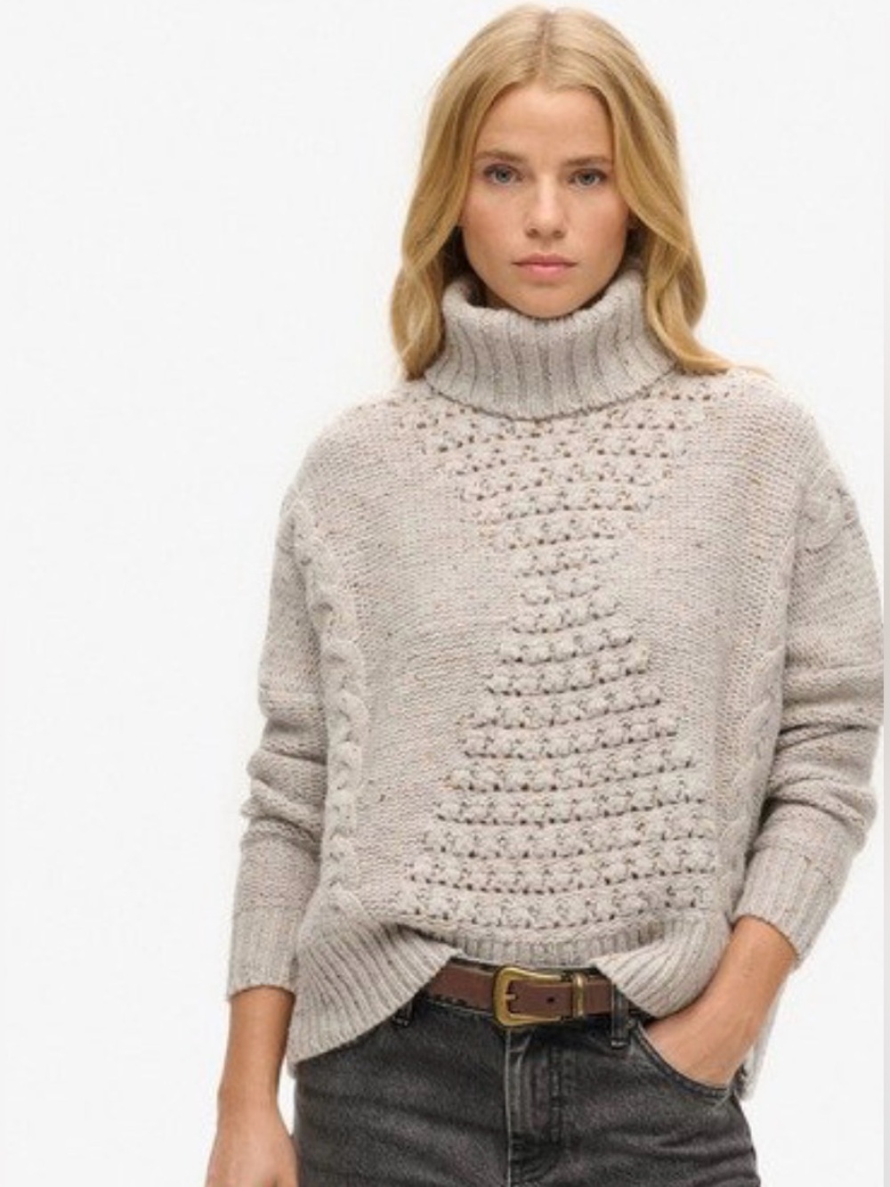 NWT Superdry Lambswool Blend Chunky Cable Knit Turtleneck Ivory Sweater Sz 8